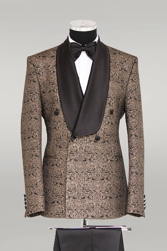 KOALA SYDNEY Brocade Double-Breasted Satin Lapel Gold and Black Men's Tuxedo with Bow Tie