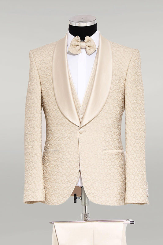 KOALA SYDNEY  Brocade Double-Breasted Satin Lapel Ivory Men's Tuxedo with Bow Tie -