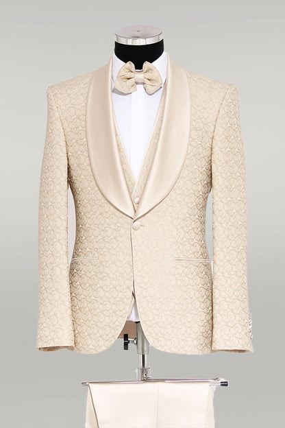 KOALA SYDNEY  3-Piece Textured Satin Lapel Champagne Men's Tuxedo with Bow Tie