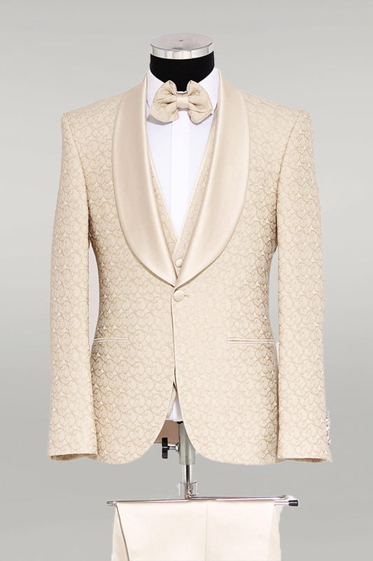 KOALA SYDNEY  3-Piece Textured Satin Lapel Champagne Men's Tuxedo with Bow Tie