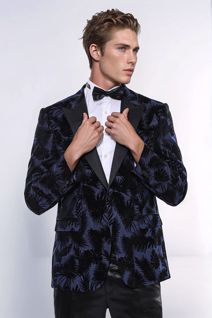 Shiny Leaf Patterned Navy Blue Men Tuxedo Party  Blazer - Wessi