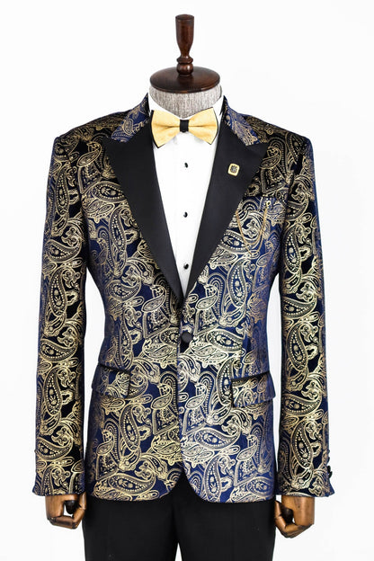 Gold Blue Patterned Over Navy Blue Men Tuxedo Blazer - Wessi