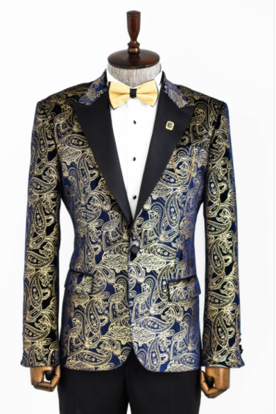 KOALA SYDNEY Gold Blue Patterned Over Navy Blue Men Tuxedo Blazer