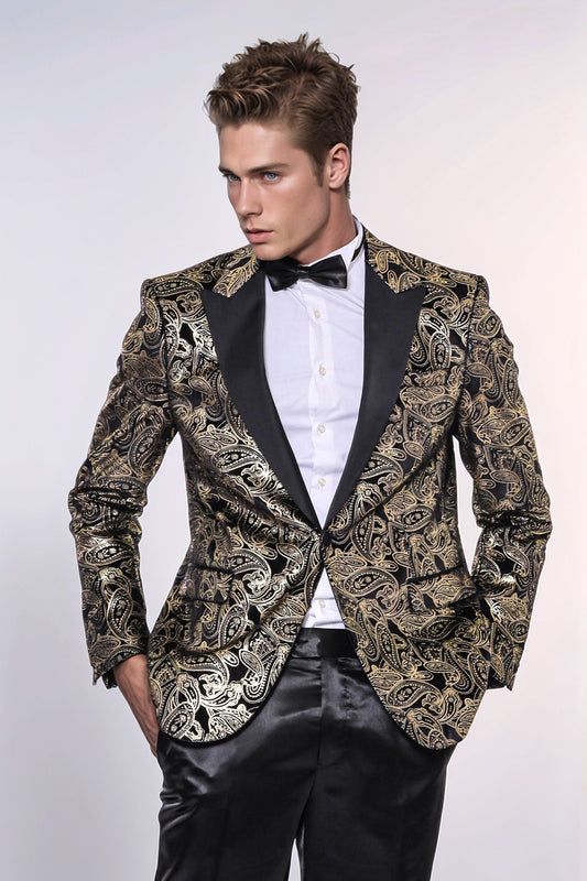 KOALA SYDNEY Slim Fit Gold Paisley Patterned Black Men Tuxedo Blazer