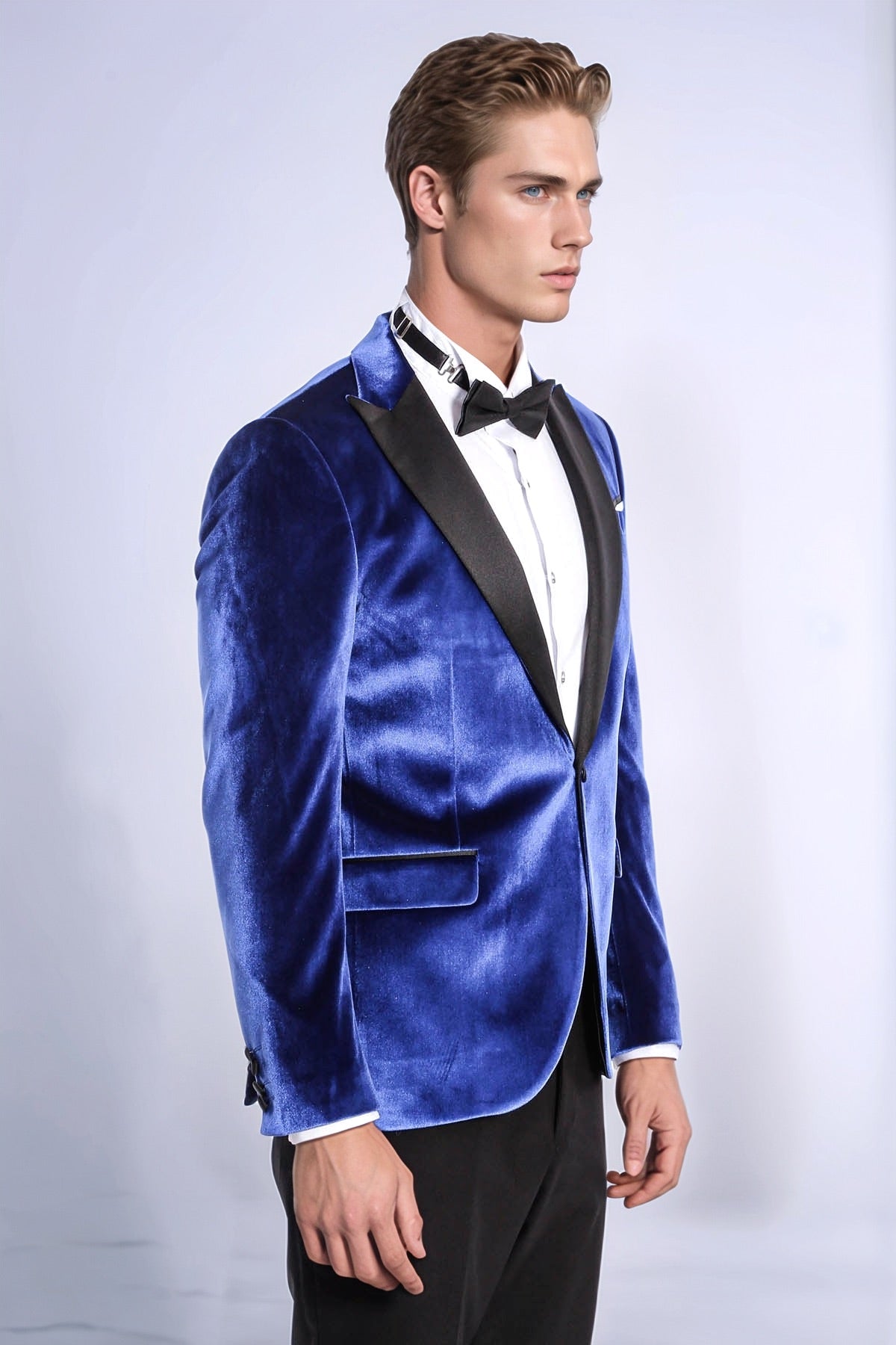 Velvet Navy Blue Slim Fit Men Tuxedo Jacket - Wessi