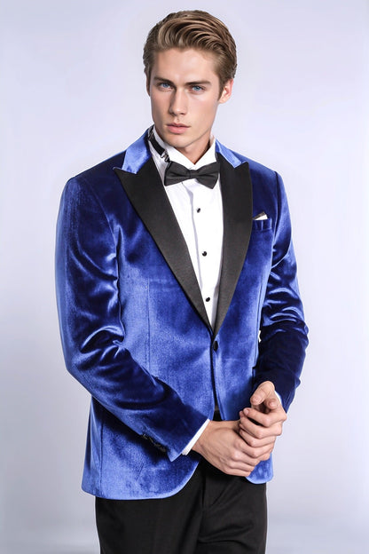 Velvet Navy Blue Slim Fit Men Tuxedo Jacket - Wessi