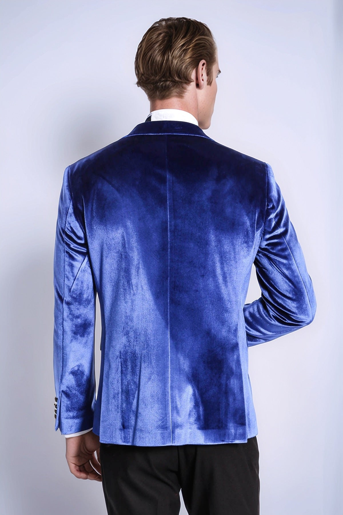 Velvet Navy Blue Slim Fit Men Tuxedo Jacket - Wessi