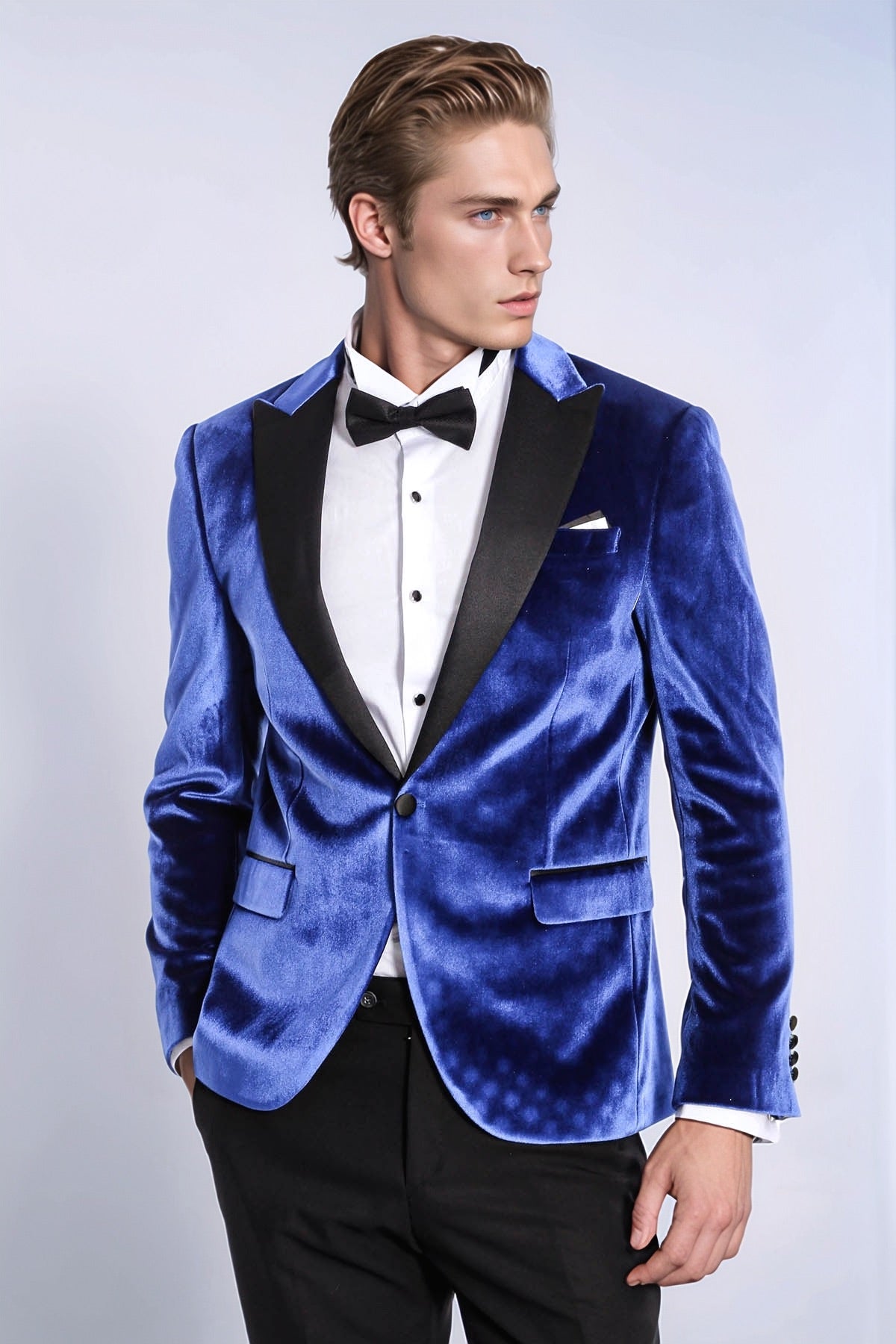 Velvet Navy Blue Slim Fit Men Tuxedo Jacket - Wessi