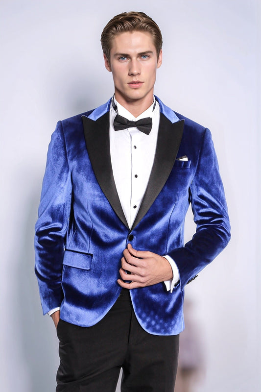 Velvet Navy Blue Slim Fit Men Tuxedo Jacket - Wessi