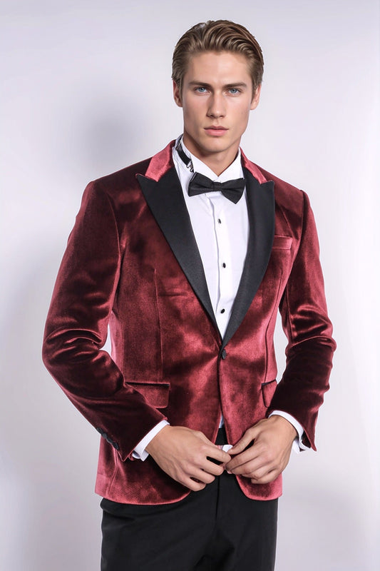 Velvet Slim Fit Burgundy Men Tuxedo Jacket - Wessi