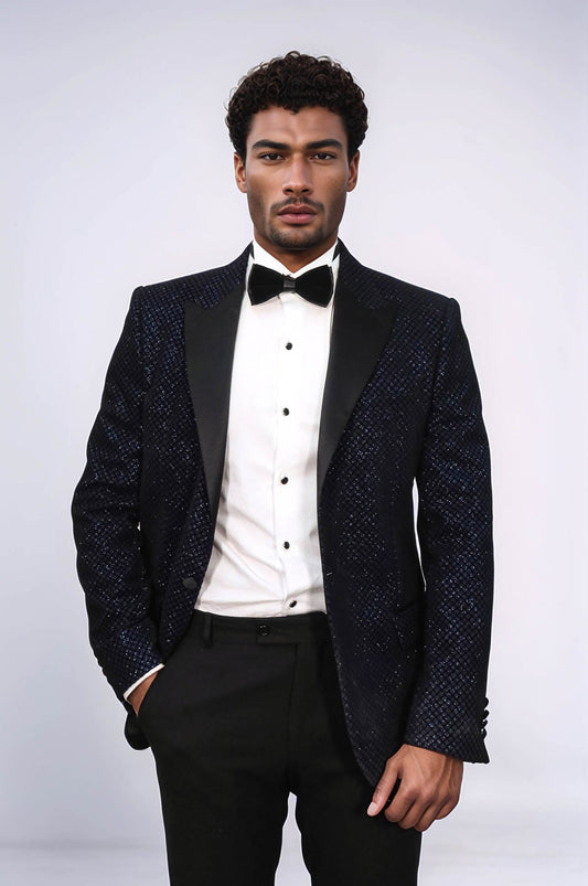 KOALA SYDNEY  Black Patterned Over Navy Blue Men Prom Blazer and Trousers Combination Suit-
