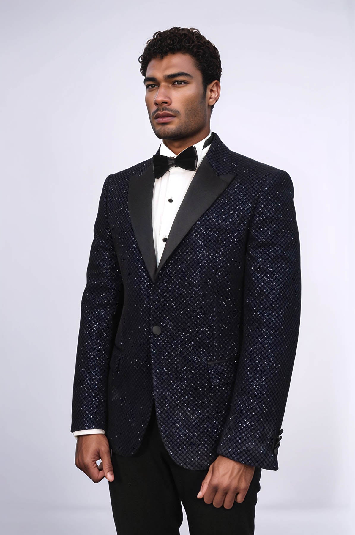 KOALA SYDNEY  Black Patterned Over Navy Blue Men Prom Blazer and Trousers Combination Suit-