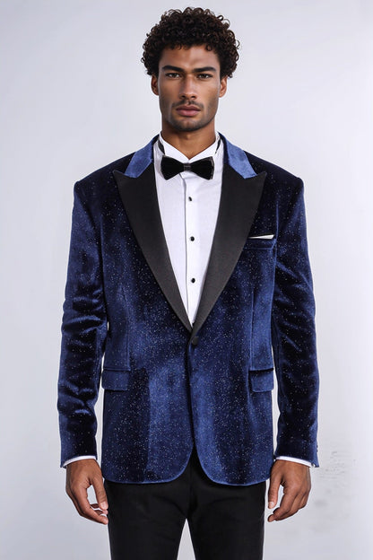 Sparkle Slim Fit Velvet Navy Blue Men Wedding Tuxedo Blazer - Wessi