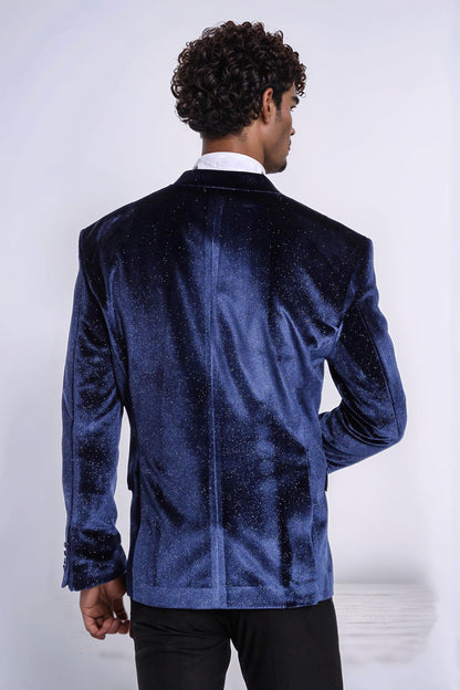Sparkle Slim Fit Velvet Navy Blue Men Wedding Tuxedo Blazer - Wessi
