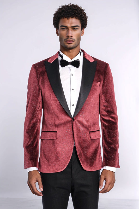 Slim Fit Velvet Burgundy Men Sparkle Tuxedo Jacket - Wessi
