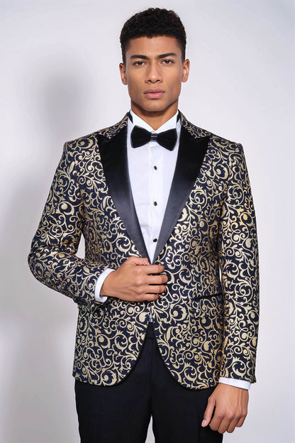 Gold Patterned Over Navy Men Party Blazer - Wessi