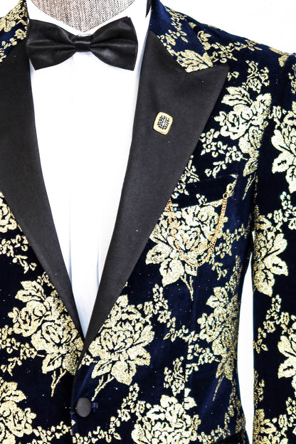 Gold Floral Patterned Navy Blue Men Party Blazer -