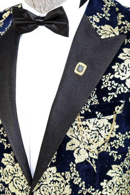 Gold Floral Patterned Navy Blue Men Party Blazer -