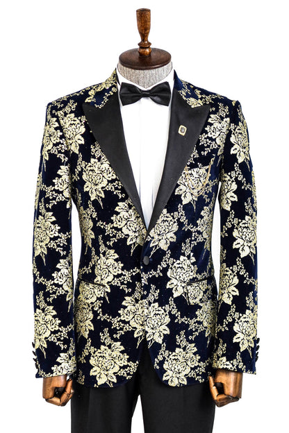 Gold Floral Patterned Navy Blue Men Party Blazer -