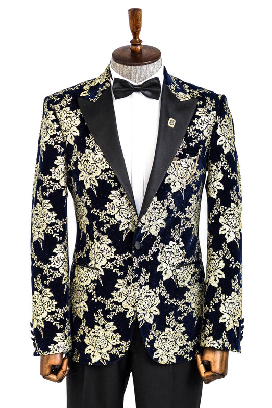 Gold Floral Patterned Navy Blue Men Party Blazer -