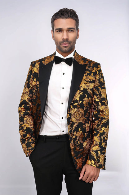Floral Patterned Slim Fit Yellow Men Party Blazer - Wessi