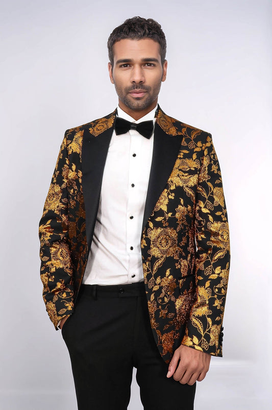 Floral Patterned Slim Fit Yellow Men Party Blazer - Wessi