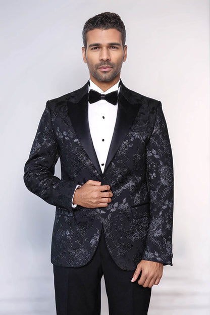 Floral Patterned Shiny Peak Lapel Black Men Dinner Jacket  - Wessi
