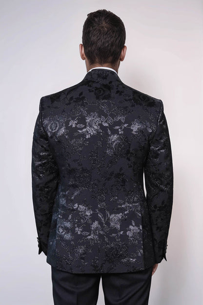 Floral Patterned Shiny Peak Lapel Black Men Dinner Jacket  - Wessi