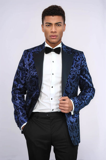 Floral Patterned Peak Lapel Navy Blue Men Stage Singer Jacket