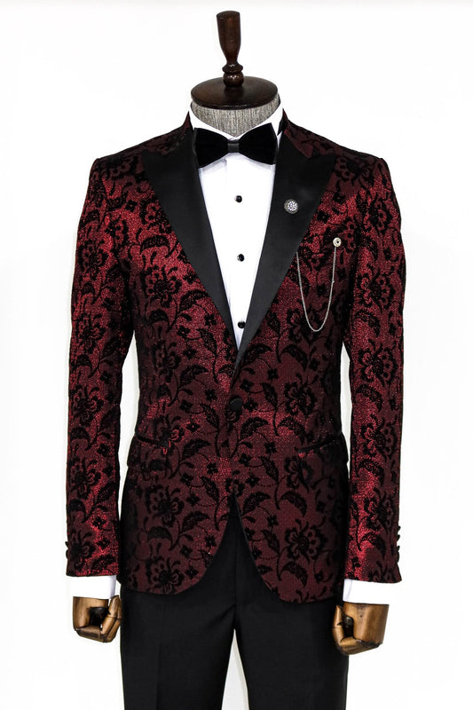Floral Patterned Peak Lapel Burgundy Men Party Blazer