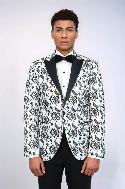 Floral Patterned Peak Lapel White Men Prom Blazer and Trousers Combination Suit