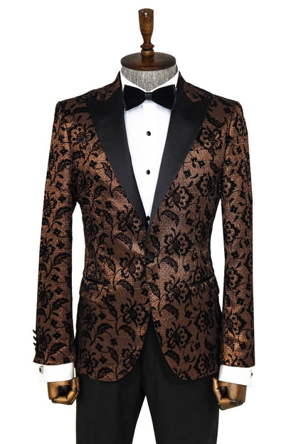 Floral Patterned Peak Lapel Gold Men Singer Party Blazer -