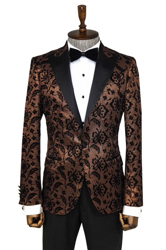 Floral Patterned Peak Lapel Gold Men Singer Party Blazer -
