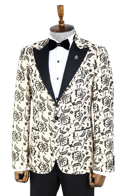 Floral Patterned Peak Lapel Cream Men Wedding Blazer