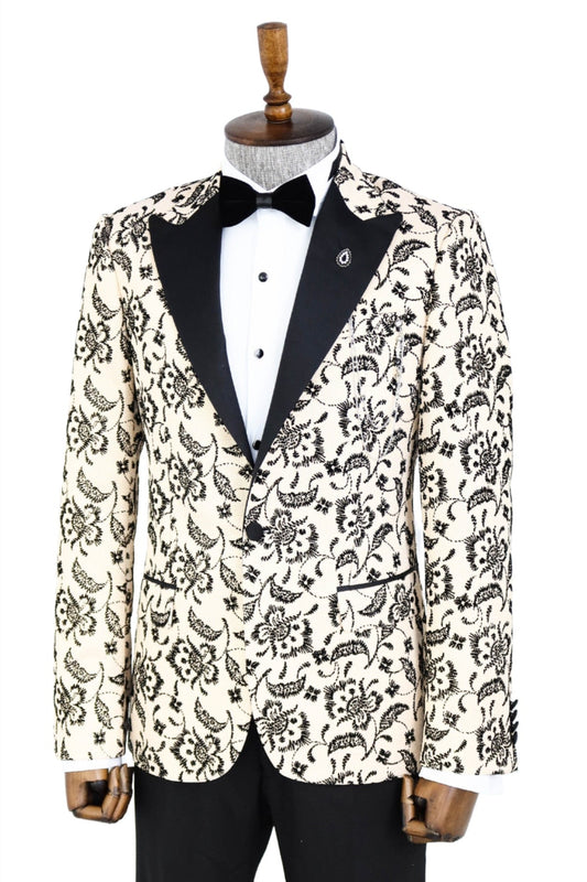 Floral Patterned Peak Lapel Cream Men Wedding Blazer