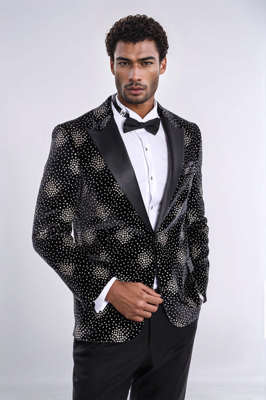 KOALA SYDNEY  Slim Fit Dot Patterned Black Men Prom Blazer and Trousers Combination Suit