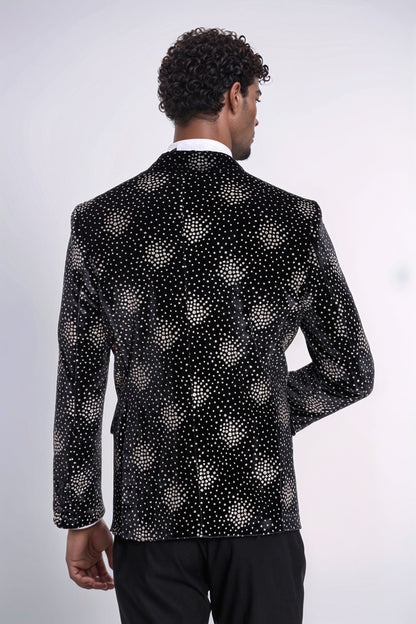 Slim Fit Dot Patterned Black Men Prom Blazer and Trousers Combination Suit