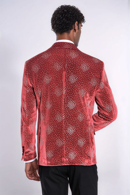 Dot Patterned Peak Lapel Burgundy Men Singer Tuxedo Blazer - Wessi
