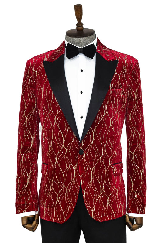 Patterned Burgundy Men Party Tuxedo Blazer - Wessi