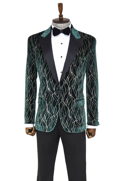 Patterned Dark Green Velvet Men Singer Tuxedo Blazer - Wessi