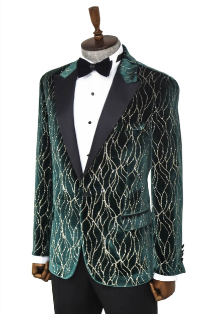 Patterned Dark Green Velvet Men Singer Tuxedo Blazer - Wessi