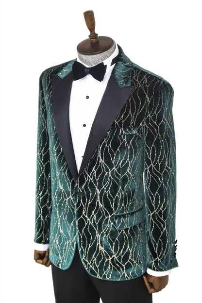 Patterned Dark Green Velvet Men Singer Tuxedo Blazer - Wessi