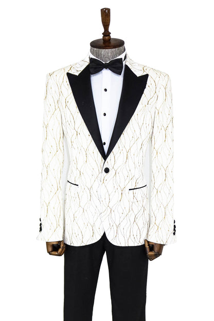 Silver Patterned White Men Wedding Groom Blazer - Wessi