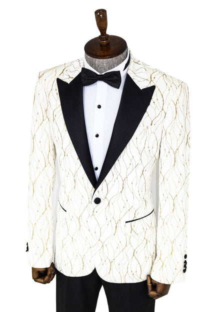 Silver Patterned White Men Wedding Groom Blazer - Wessi