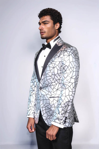 Slim Fit Black Patterned Grey Men Stage Performance Jacket - Wessi