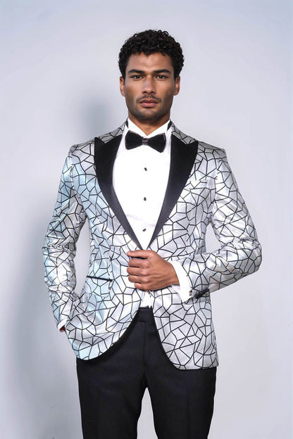 Slim Fit Black Patterned Grey Men Stage Performance Jacket - Wessi