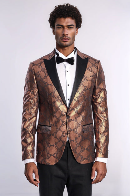Patterned Slim Fit Brown Men Stage Tuxedo Blazer - Wessi