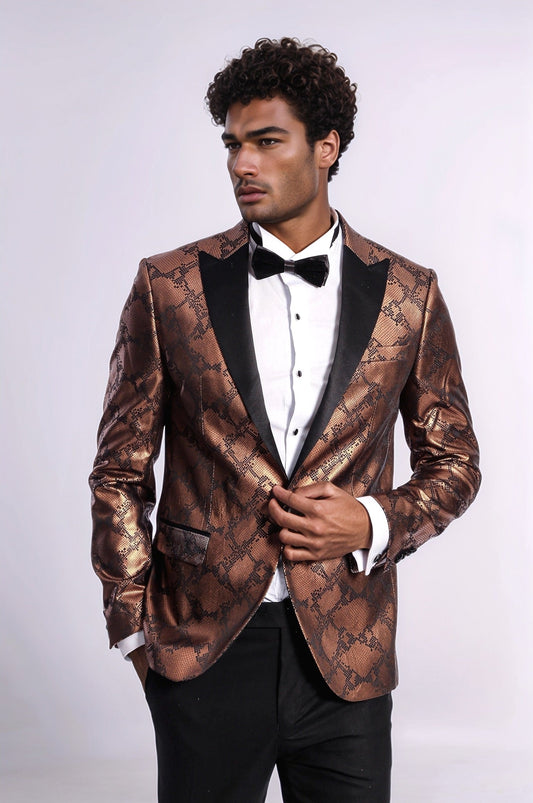 Patterned Slim Fit Brown Men Stage Tuxedo Blazer - Wessi