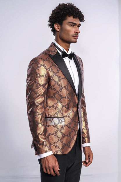 Patterned Slim Fit Brown Men Stage Tuxedo Blazer - Wessi