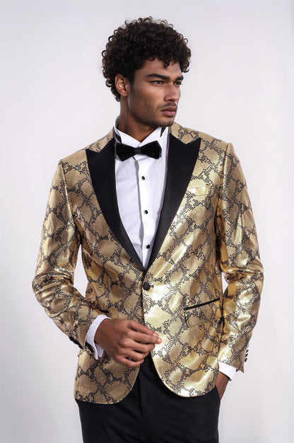 Patterned Slim Fit Gold Men Stage Performance Jacket